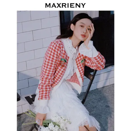 MAXRIENY甜心樱桃格纹针织毛衫学院风秋冬打底上衣女商品大图