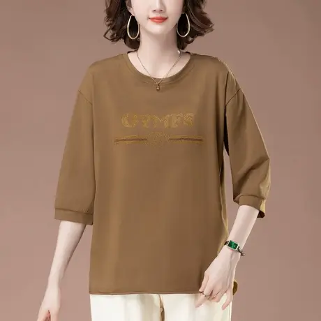 七分袖t恤女早秋新款加肥加大码女装宽松中年胖妈妈纯棉显瘦上衣图片