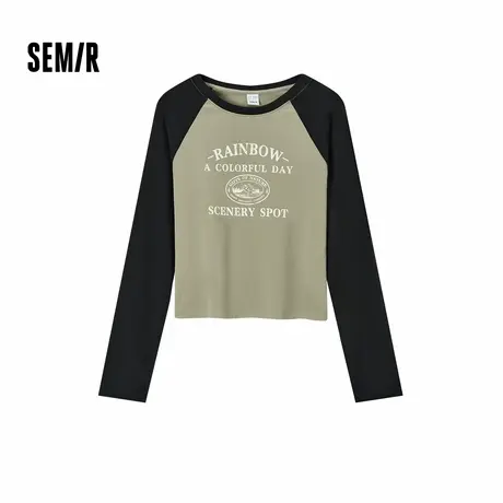 [商场同款]森马长袖T恤女短款插肩袖修身2024秋新款美式字母上衣图片
