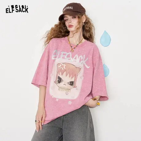 妖精的口袋粉色卡通印花短袖t恤女2025夏季新款宽松休闲小众上衣商品大图