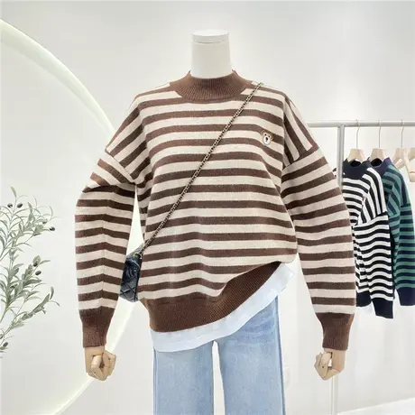 半高领假两件毛衣女秋冬新款刺绣小熊图案宽松条纹针织衫内搭上衣商品大图