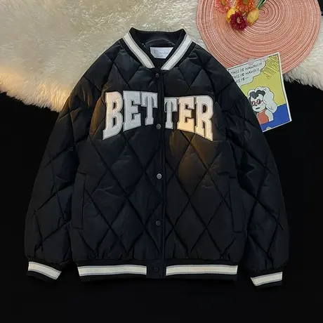 菱形格棉服男款冬季加厚棉衣美式复古棒球服青少年外套冬装棉袄子图片