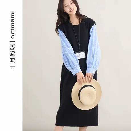 十月妈咪孕妇假两件针织连衣裙2025新款秋季外穿宽松长袖裙秋装商品大图