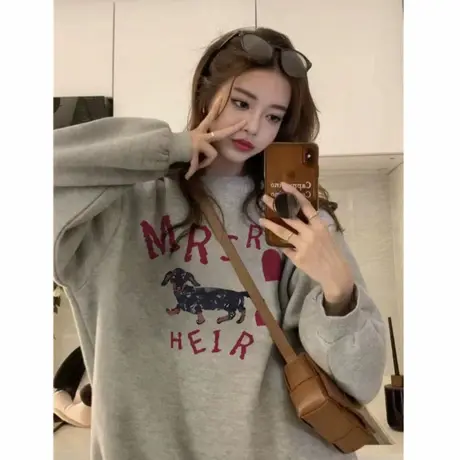 美式慵懒chic圆领卫衣女2025早秋设计感卡通印花宽松长袖加绒上衣商品大图
