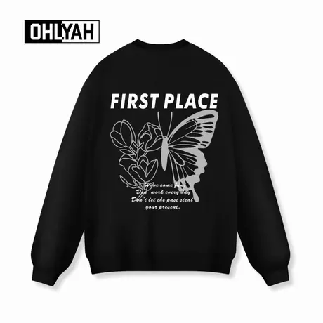 Ohlyah品牌秋冬时尚蝶恋花印花情侣圆领卫衣男女同款落肩大码长袖图片