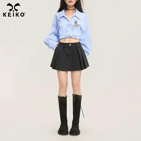 KEIKO 高级感磨毛西装百褶半身裙25早秋黑色高腰显瘦A字包臀短裙图片