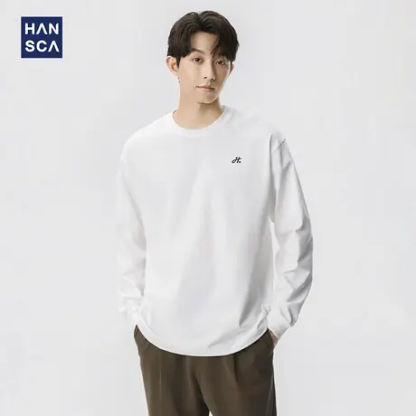 hansca 秋季260g圆领长袖t恤男士2025新款纯棉宽松印花白色打底衫商品大图