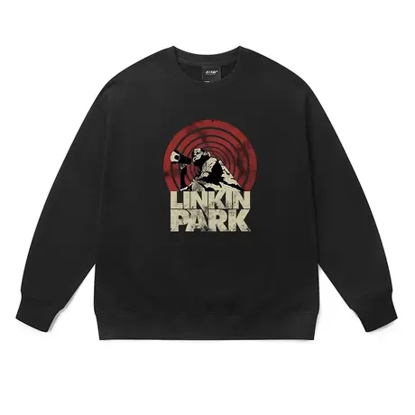 炭黑色圆领卫衣男生林肯公园朋克摇滚人像印花重磅宽松嘻哈打底衫图片