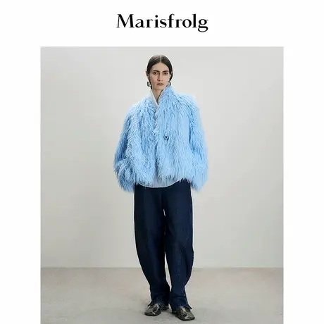 Marisfrolg玛丝菲尔25冬新款深蓝色弧形立剪廓形拖地裤休闲牛仔裤商品大图