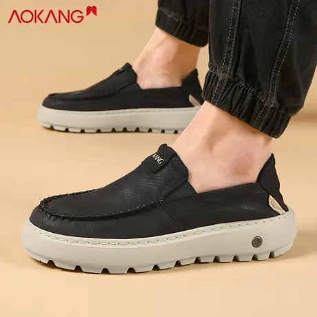 奥康男鞋黑色帆布一脚蹬乐福鞋男休闲舒适懒人鞋2026新款春季透气商品大图