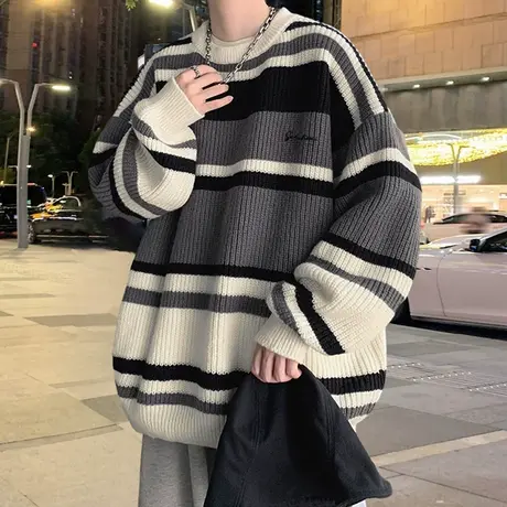 唐狮秋冬季新款男生毛衣圆领条纹韩版宽松针织上衣青少年潮流TE图片