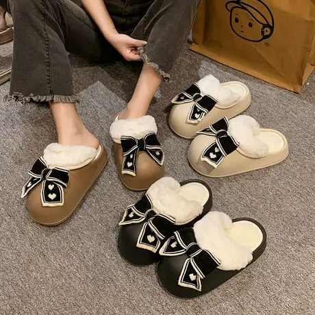 毛毛棉拖鞋女士厚底居家韩版时尚蝴蝶结拖鞋冬季加绒保暖软底时尚商品大图