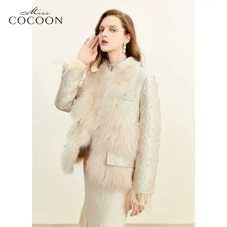 missCOCOON新中式国风提花2023冬装新款女狐狸毛鸵鸟毛结合皮草商品大图