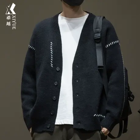 希越重磅针织7针开衫V领毛衣男士秋冬季宽松大码日系衬衫潮流外套商品大图
