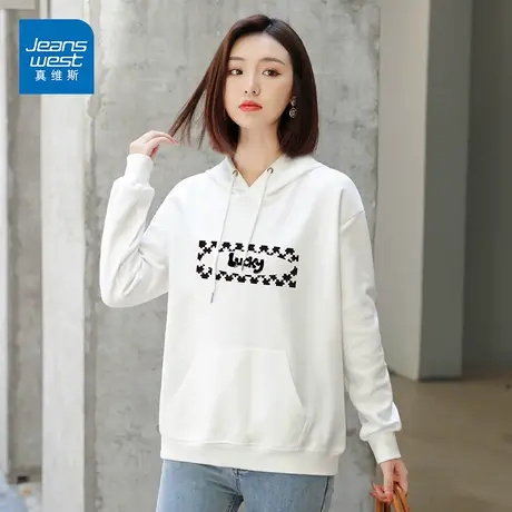 真维斯卫衣女纯棉千鸟格印花2023新款春秋款连帽潮流针织学院上衣商品大图