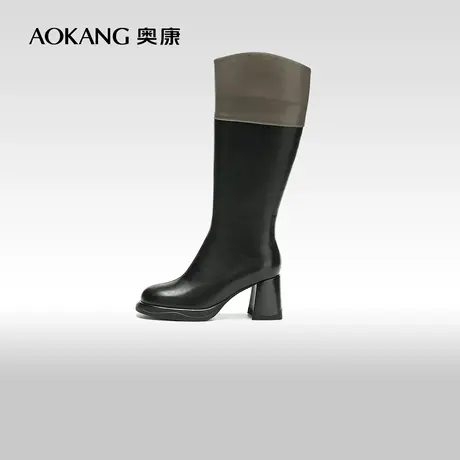 【门店发货】奥康女鞋 2023冬季新款拼色骑士靴方跟增高时尚长靴图片