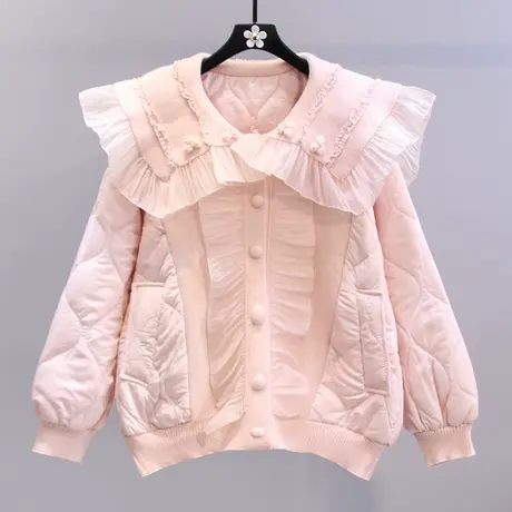 荷叶边拼接娃娃领棉服女冬季2023新款宽松设计感加厚保暖棉衣外套图片