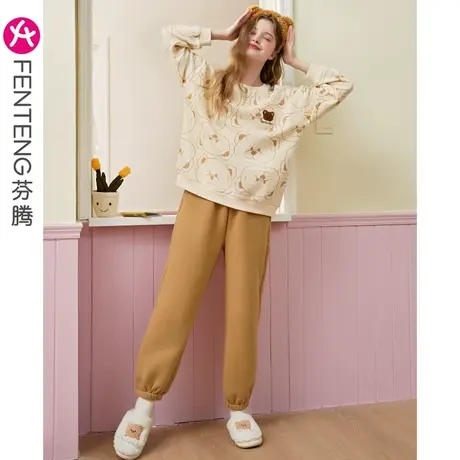 芬腾纯棉睡衣女秋冬加厚保暖三层薄棉夹棉圆领长袖少女家居服套装商品大图