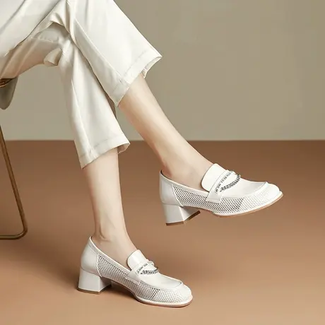 春季新款乐福鞋女中跟透气网纱粗跟方头单鞋一脚蹬时尚百搭女鞋商品大图