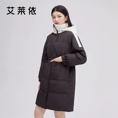 艾莱依新品撞色抽绳羽绒服女冬季连帽时尚拼接中长款防风外套潮图片