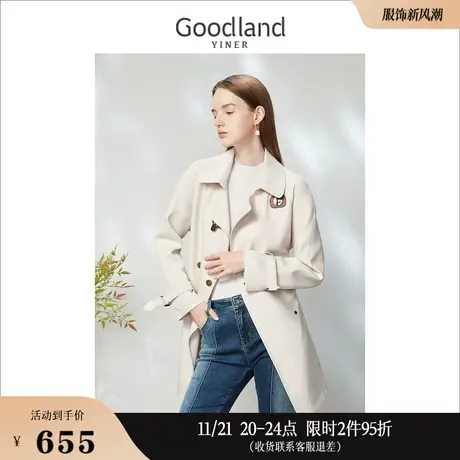 Goodland美地女装2023春季中长款复古英伦时尚双排扣风衣上衣商品大图