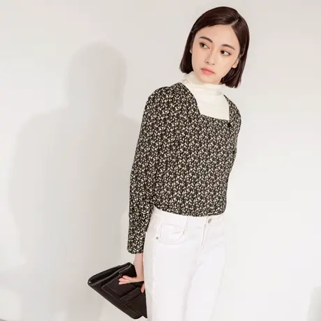 桔熊春秋季复古碎花方领衬衫洋气小衫修身长袖上衣女大码AB16529图片