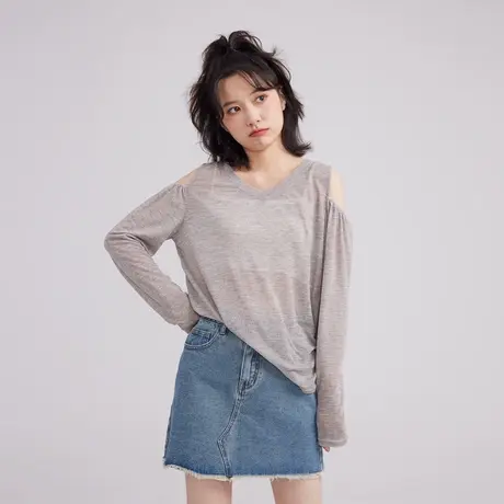 宽松凉感薄款长袖防晒t恤女夏季2022新款罩衫露肩甜辣v领上衣温柔商品大图