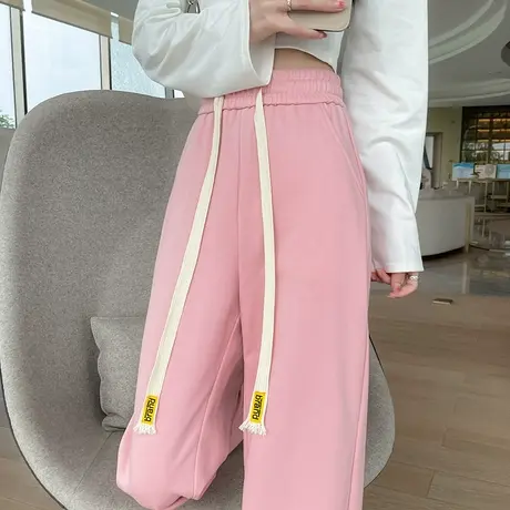 粉色阔腿裤女春秋季2024年新款高腰垂感运动长裤宽松休闲直筒裤子图片