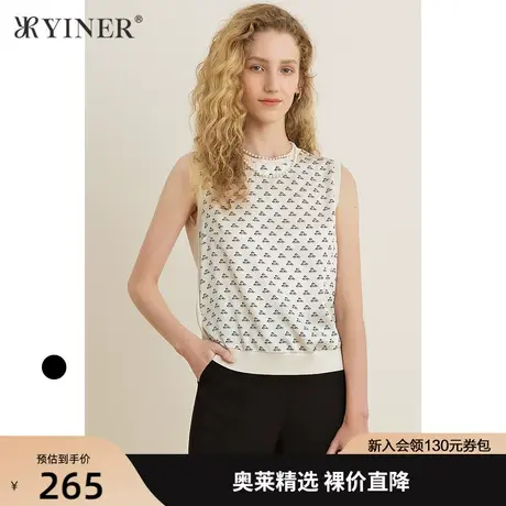 YINER音儿女装夏季新款圆领印花无袖毛针织衫商品大图