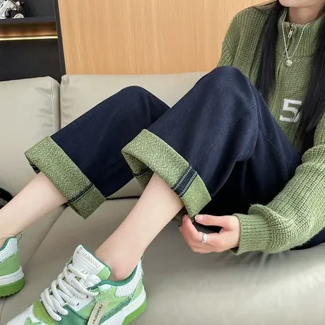 复古加绒牛仔裤女春秋薄绒加厚高腰显瘦宽松直筒垂感阔腿拖地裤子商品大图