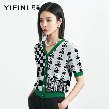 Yifini/易菲短袖V领针织开衫女夏装新款薄款百搭宽松针织外套商品大图