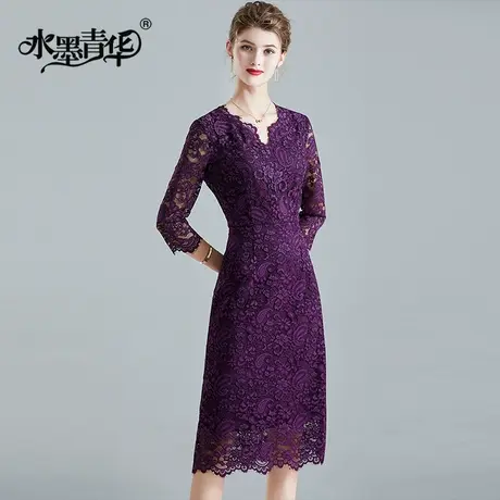 【1件7.9折】冬装新品打底裙时尚优雅蕾丝裙简约修身七分袖连衣裙商品大图