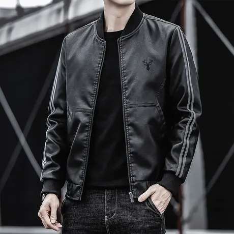 秋季男士皮衣夹克外套青年潮流宽松休闲棒球领男装大码机车服上衣商品大图