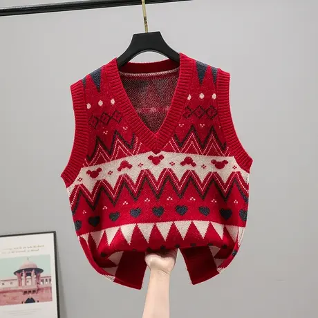 2023春装新款韩版宽松V领套头毛衣女无袖针织衫马甲外套百搭内搭商品大图