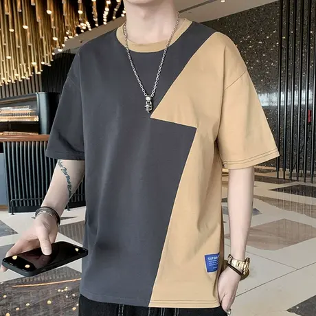 拼接短袖男夏季潮流宽松五分半袖t撞色上衣男士T恤冰丝休闲体恤衫商品大图