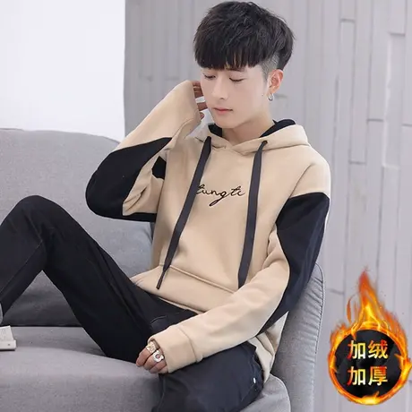 秋季男装初中学生男士青少年连帽卫衣加绒加厚潮流ins冬款上衣服商品大图