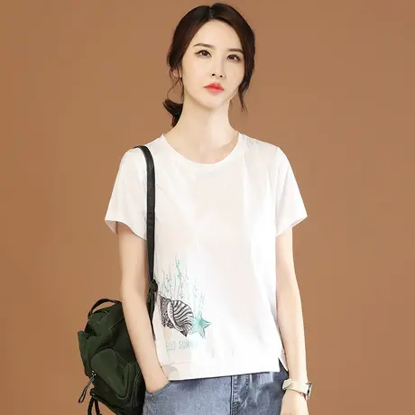 韩潮袭人圆领印花白色短袖T恤女夏季新款休闲正肩体恤衫百搭上衣图片