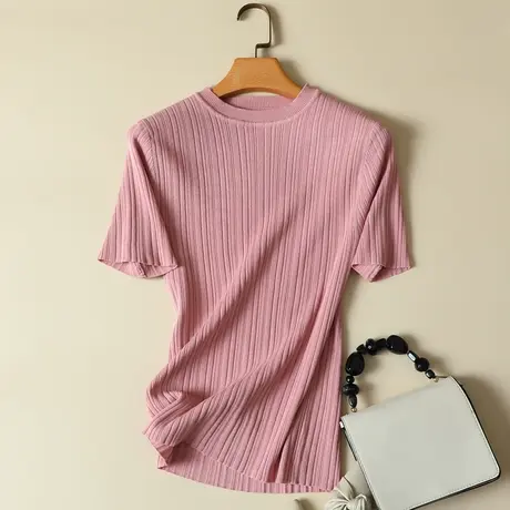 冰丝针织衫女2024春装新款短袖t恤女修身显瘦中袖打底衫上衣薄款商品大图