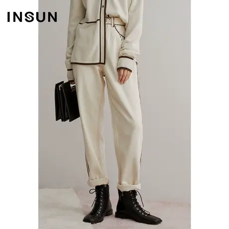 恩裳冬季条纹纯棉高腰直筒百搭裤图片