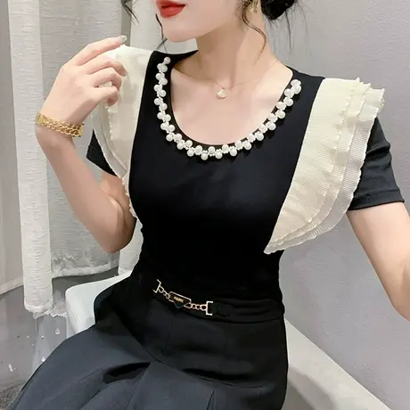 时尚木耳边短袖T恤女2024夏装新款网纱拼接圆领上衣气质钉珠小衫商品大图