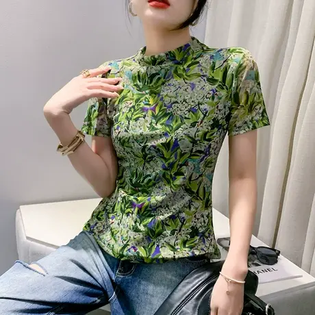 早秋气质雪纺衫女短袖2024新款复古印花打底衫时尚半高领网纱上衣图片