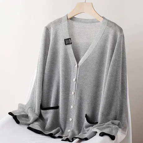 拼色V领冰麻针织开衫女薄款春夏长袖空调衫防晒衣宽松外搭披肩潮图片