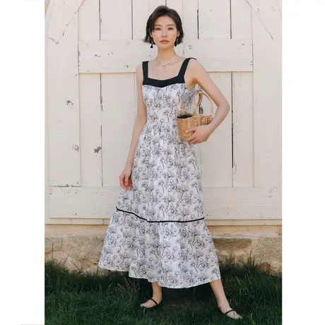 弥古复古水墨画连衣裙女夏季吊带长裙法式度假三亚沙滩裙海边裙子图片