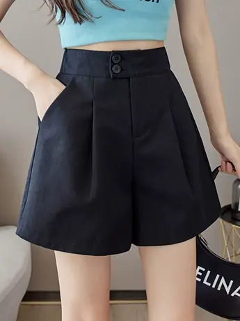 女士夏季韩版修身高腰四分阔腿裤休闲西装短裤纯色A字中裤宽松潮商品大图