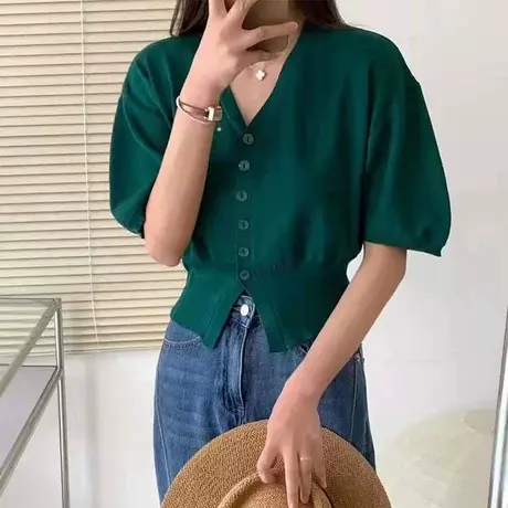 夏季新款简约V领针织毛衣外套小开衫钮扣别致小众短袖女百搭上衣商品大图
