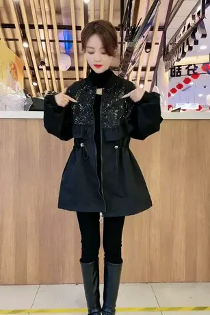 炸街港风bf潮牌上衣外套女2023新款亮片拼接宽松显瘦短款夹克春秋图片