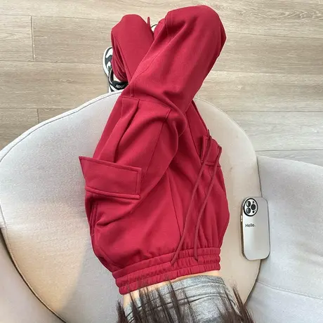 红色束脚工装裤女2023春秋新款高腰显瘦百搭垂感美式哈伦运动裤子商品大图