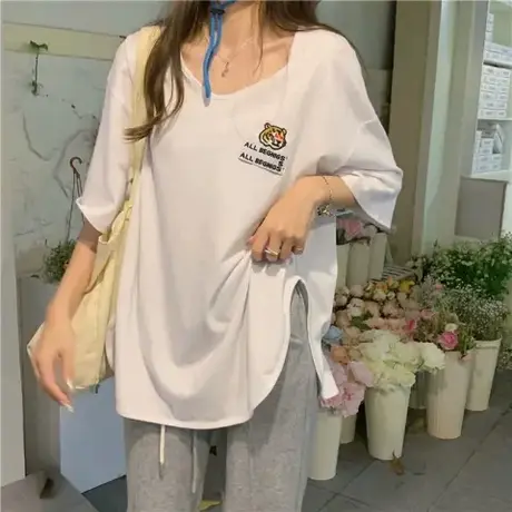 不规则短袖T恤女夏装新款大码打底衫胖mm显瘦遮肚子独特正肩上衣商品大图