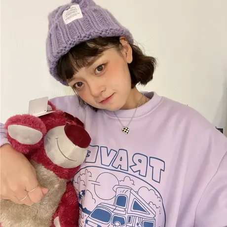红续卡通汽车印花紫色宽松圆领套头加绒卫衣女oversize慵懒风上衣图片