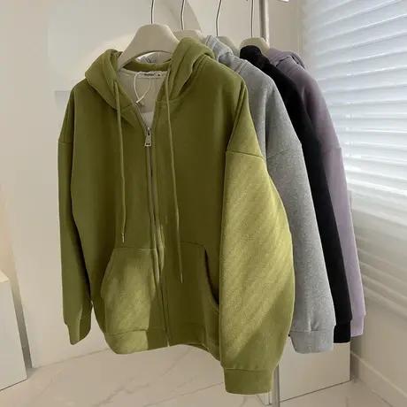 基础款显白加绒拉链衫外套！秋冬加厚保暖宽松休闲学生连帽卫衣女商品大图